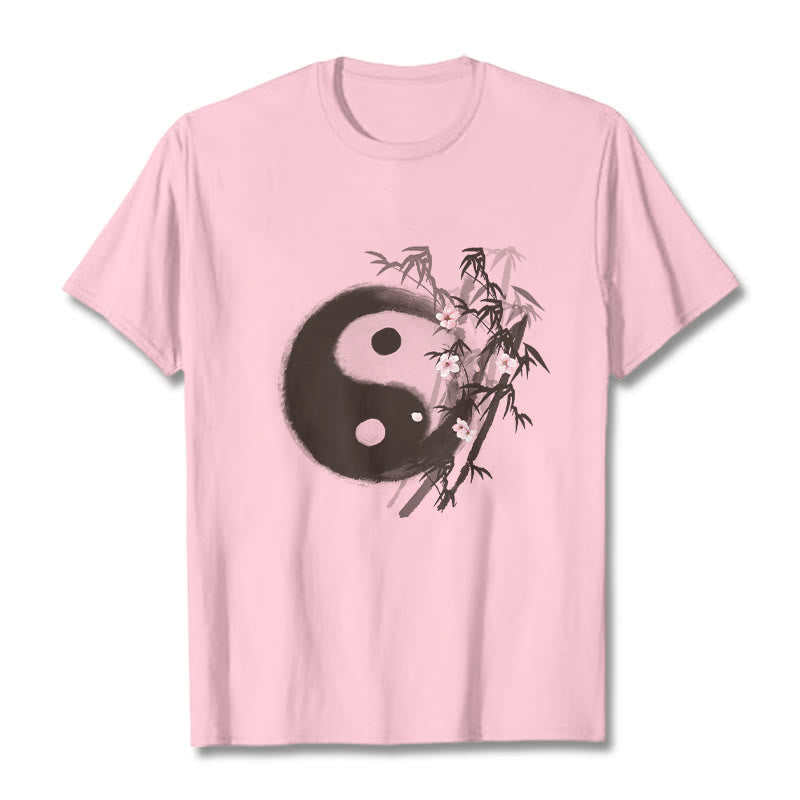 Buddha Stones T-shirt à motif Yin Yang bambou et fleurs de cerisier - Rose clair - 2XL - image 11