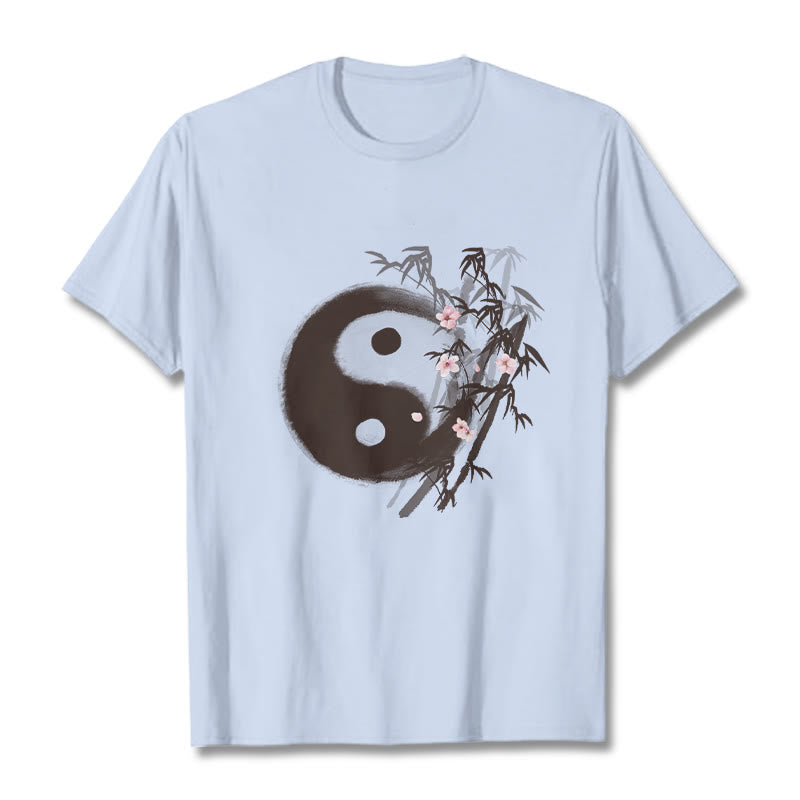 Buddha Stones T-shirt à motif Yin Yang bambou et fleurs de cerisier - Cyan clair - 2XL - image 17