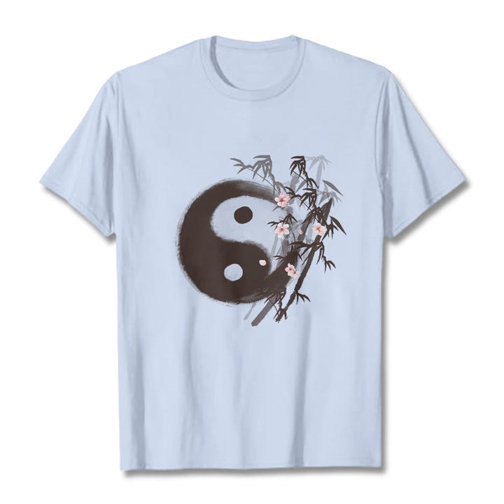 Buddha Stones T-shirt à motif Yin Yang bambou et fleurs de cerisier - Cyan clair - 2XL - image 17