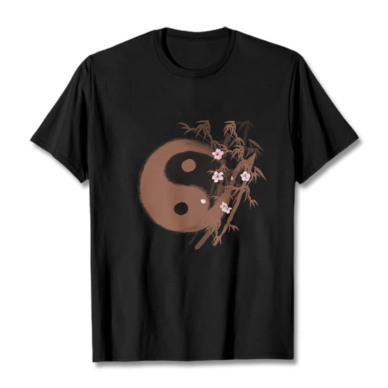 Buddha Stones T-shirt à motif Yin Yang bambou et fleurs de cerisier - Noir - 2XL - image 3
