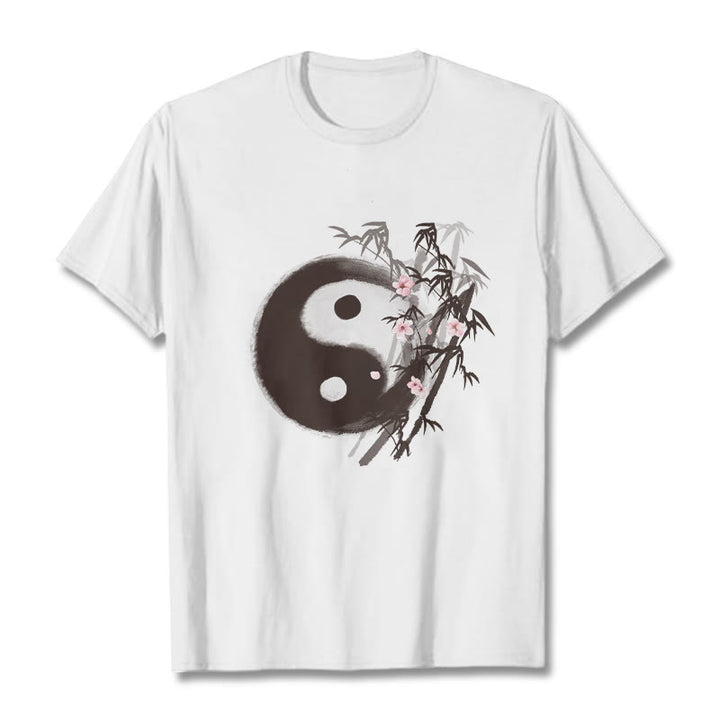 Buddha Stones T-shirt à motif Yin Yang bambou et fleurs de cerisier - Blanc - 2XL - image 0