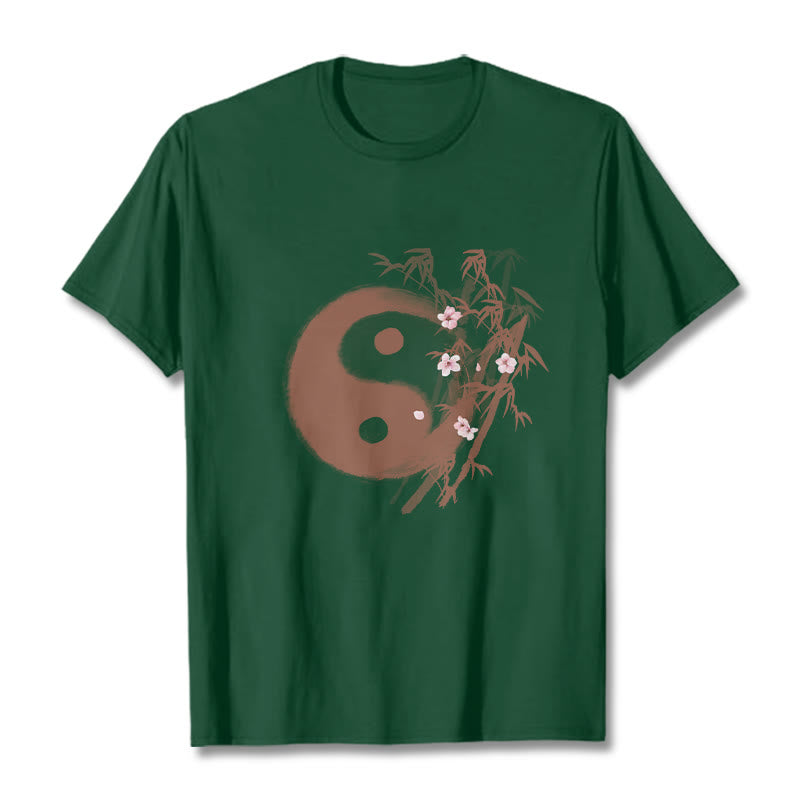 Buddha Stones T-shirt à motif Yin Yang bambou et fleurs de cerisier - Vert forêt - 2XL - image 9