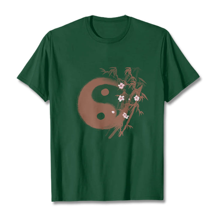 Buddha Stones T-shirt à motif Yin Yang bambou et fleurs de cerisier - Vert forêt - 2XL - image 9