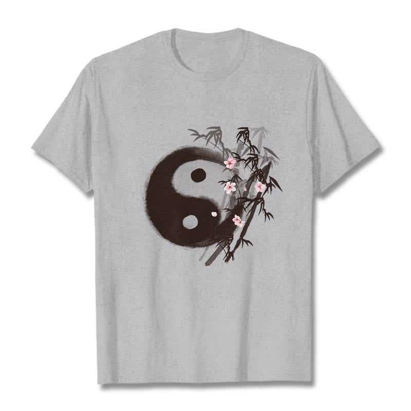 Buddha Stones T-shirt à motif Yin Yang bambou et fleurs de cerisier - Gris clair - 2XL - image 18