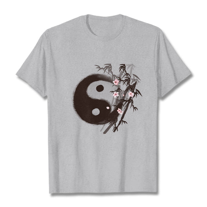 Buddha Stones T-shirt à motif Yin Yang bambou et fleurs de cerisier - Gris clair - 2XL - image 18