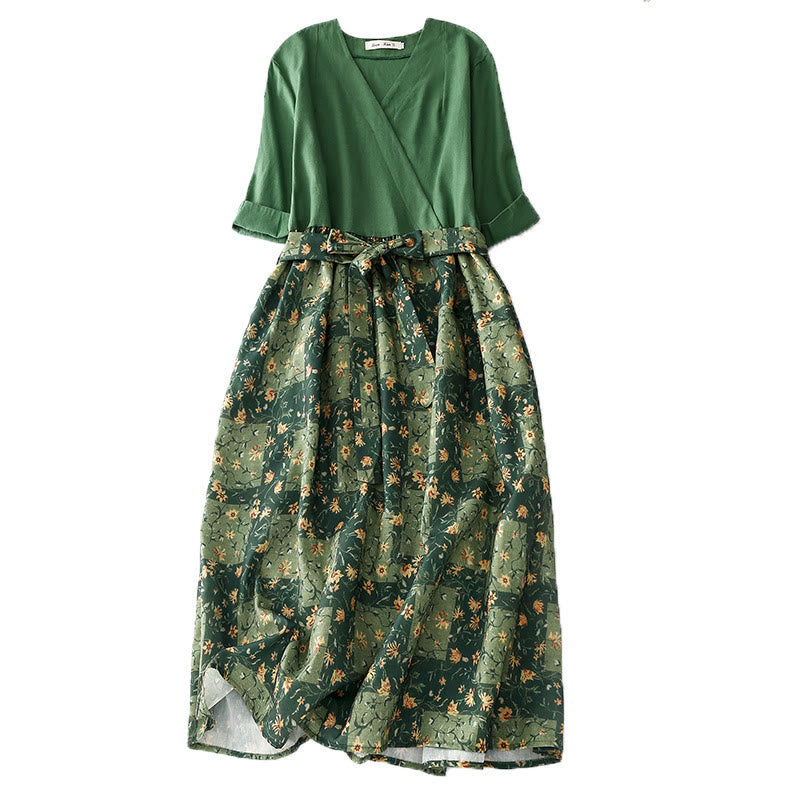 Robe mi-longue en coton et lin à imprimé Buddha Stones de printemps et col en V, manches mi-longues, avec poches - Vert - US8-10，UK/AU12-14，EU40-42 (2XL) - image 1