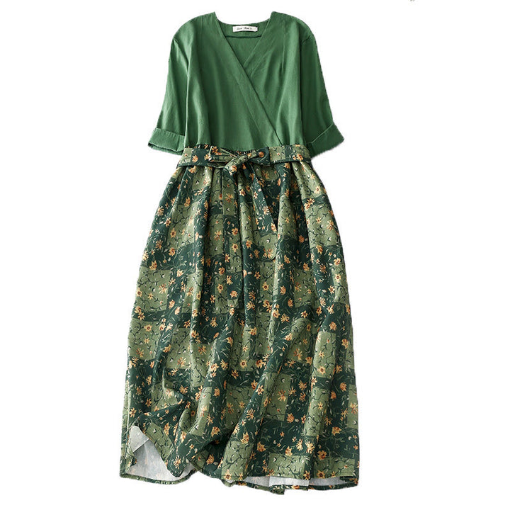 Robe mi-longue en coton et lin à imprimé Buddha Stones de printemps et col en V, manches mi-longues, avec poches - Vert - US8-10，UK/AU12-14，EU40-42 (2XL) - image 1