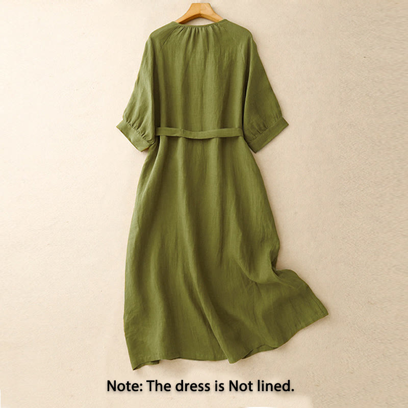 Robe mi-longue en coton et lin à manches mi-longues et col ras du cou avec lacets et Buddha Stones - image 1