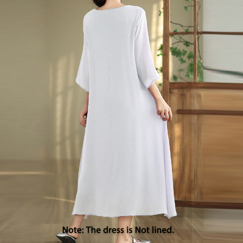 Robe midi décontractée en coton à col ras du cou et manches trois-quarts avec boutons grenouille et Buddha Stones - image 16