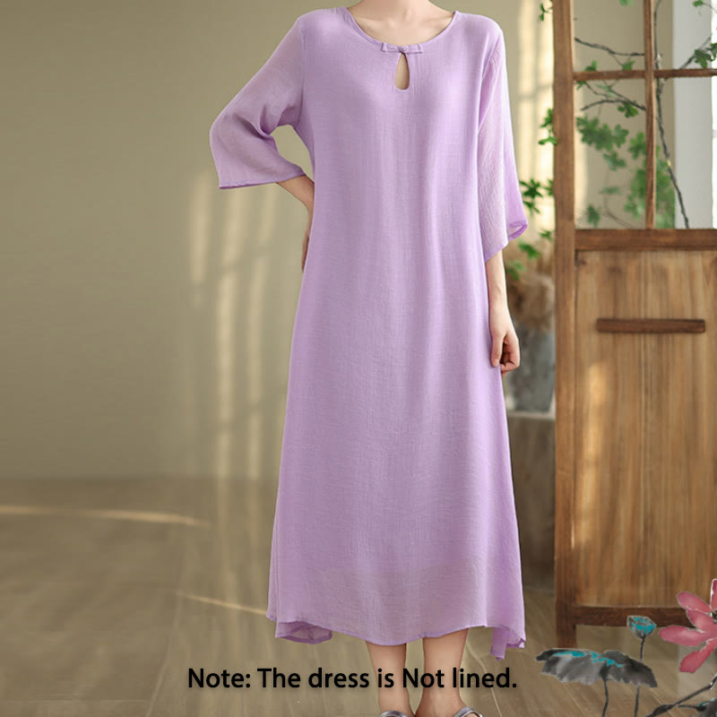Robe midi décontractée en coton à col ras du cou et manches trois-quarts avec boutons grenouille et Buddha Stones - image 1