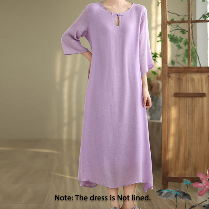 Robe midi décontractée en coton à col ras du cou et manches trois-quarts avec boutons grenouille et Buddha Stones - image 1