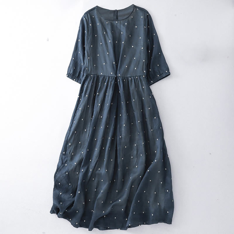 Robe mi-longue en coton et lin à manches mi-longues et Buddha Stones au dos avec poches - Bleu nuit - US8-10，UK/AU12-14，EU40-42 (2XL) - image 5