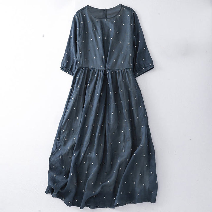 Robe mi-longue en coton et lin à manches mi-longues et Buddha Stones au dos avec poches - Bleu nuit - US8-10，UK/AU12-14，EU40-42 (2XL) - image 5