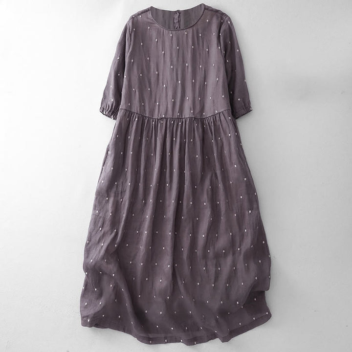 Robe mi-longue en coton et lin à manches mi-longues et Buddha Stones au dos avec poches - Orchidée moyenne - US8-10，UK/AU12-14，EU40-42 (2XL) - image 1