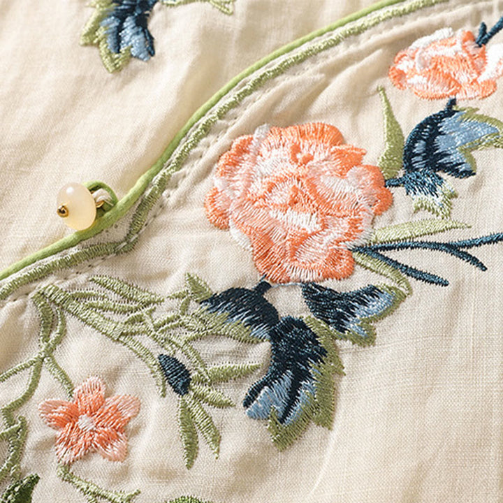 Robe mi-longue zen en coton et lin avec broderies de Buddha Stones et ourlet fleuri fendu à manches mi-longues - image 11