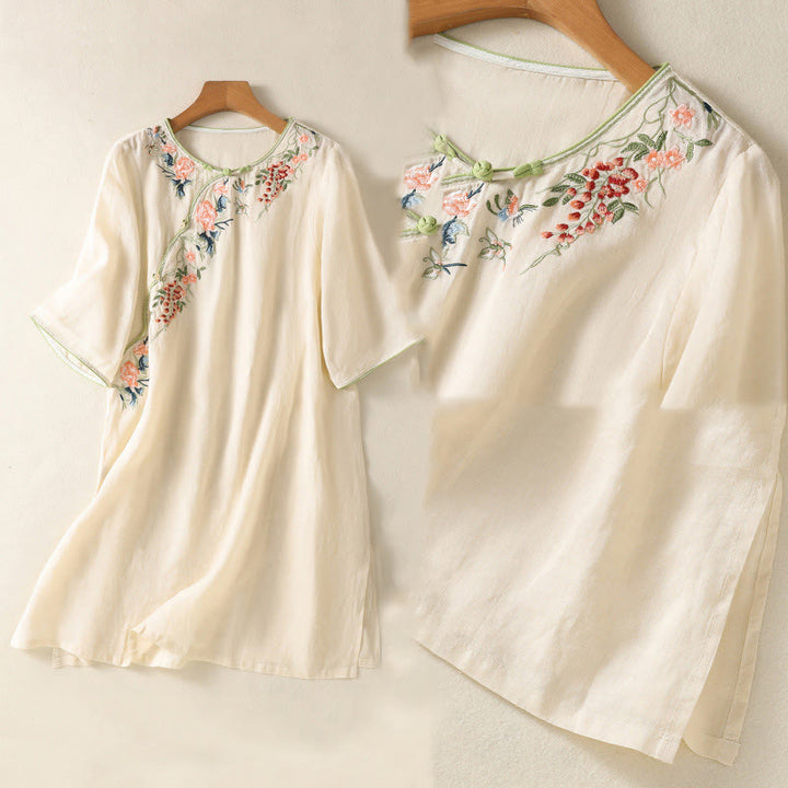 Robe mi-longue zen en coton et lin avec broderies de Buddha Stones et ourlet fleuri fendu à manches mi-longues - image 15