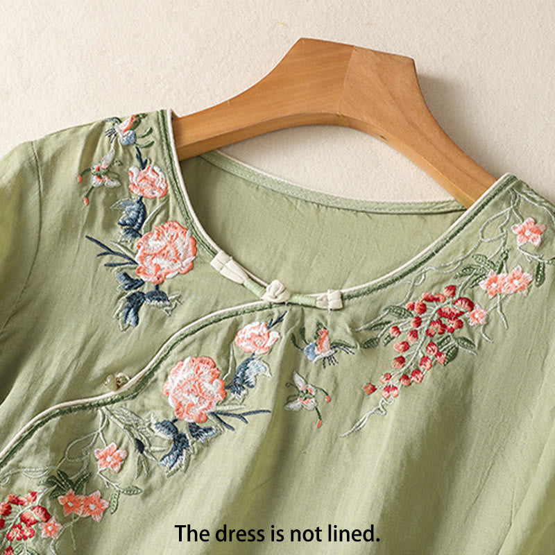 Robe mi-longue zen en coton et lin avec broderies de Buddha Stones et ourlet fleuri fendu à manches mi-longues - image 1