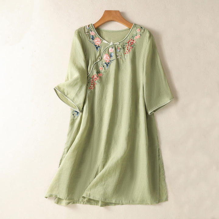 Robe mi-longue zen en coton et lin avec broderies de Buddha Stones et ourlet fleuri fendu à manches mi-longues - Vert clair - US8-10，UK/AU12-14，EU40-42 (2XL) - image 0