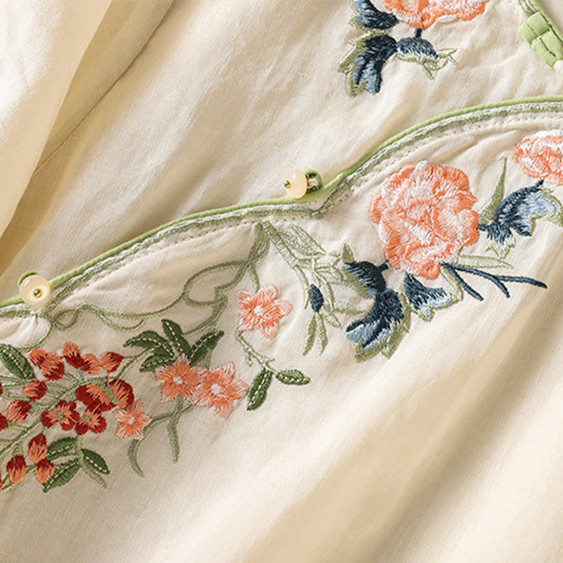 Robe mi-longue zen en coton et lin avec broderies de Buddha Stones et ourlet fleuri fendu à manches mi-longues - image 10