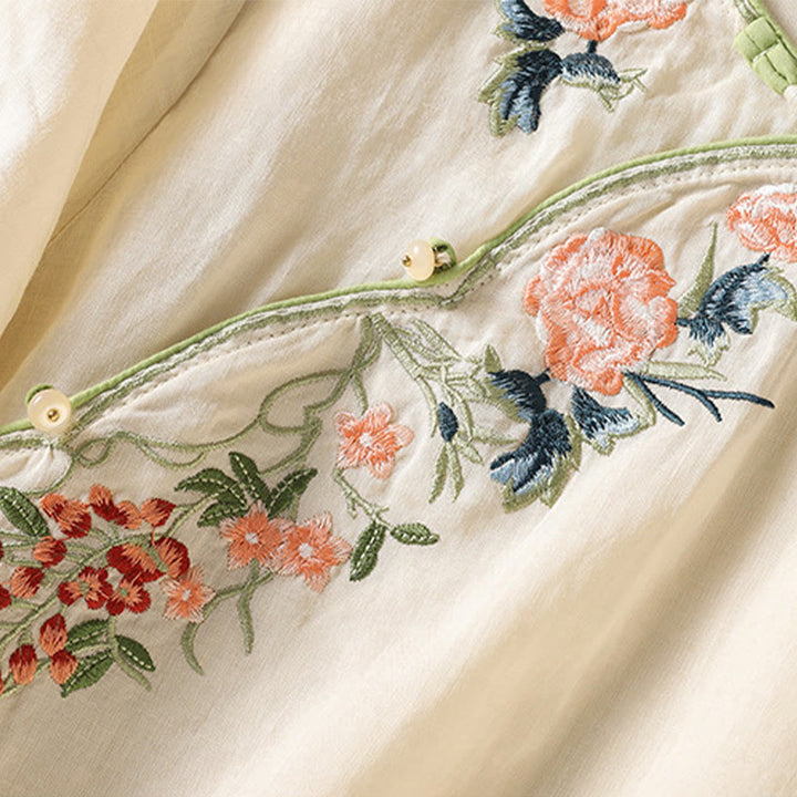 Robe mi-longue zen en coton et lin avec broderies de Buddha Stones et ourlet fleuri fendu à manches mi-longues - image 10