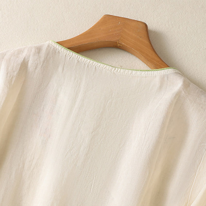 Robe mi-longue zen en coton et lin avec broderies de Buddha Stones et ourlet fleuri fendu à manches mi-longues - image 9