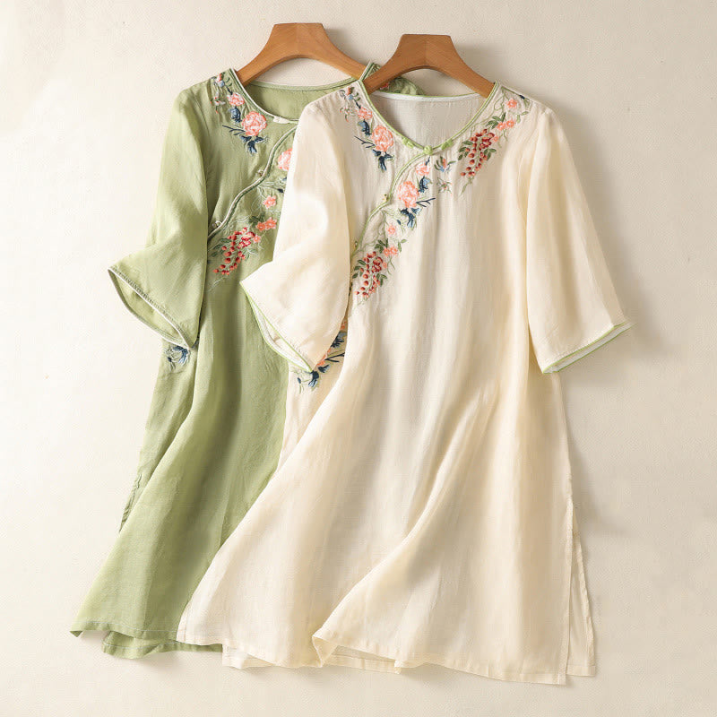 Robe mi-longue zen en coton et lin avec broderies de Buddha Stones et ourlet fleuri fendu à manches mi-longues - image 16