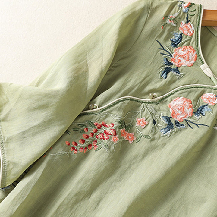 Robe mi-longue zen en coton et lin avec broderies de Buddha Stones et ourlet fleuri fendu à manches mi-longues - image 3