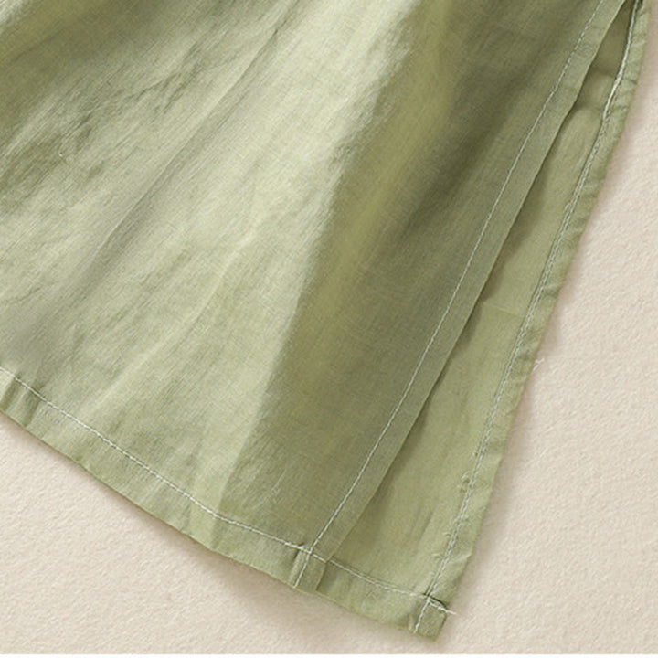 Robe mi-longue zen en coton et lin avec broderies de Buddha Stones et ourlet fleuri fendu à manches mi-longues - image 4