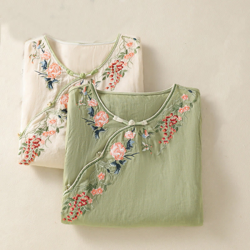 Robe mi-longue zen en coton et lin avec broderies de Buddha Stones et ourlet fleuri fendu à manches mi-longues - image 17