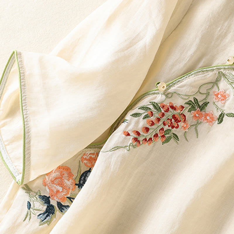 Robe mi-longue zen en coton et lin avec broderies de Buddha Stones et ourlet fleuri fendu à manches mi-longues - image 12