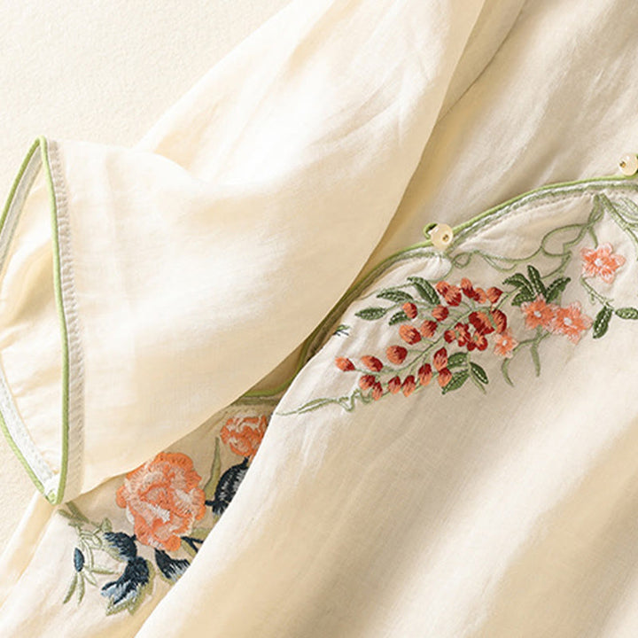 Robe mi-longue zen en coton et lin avec broderies de Buddha Stones et ourlet fleuri fendu à manches mi-longues - image 12