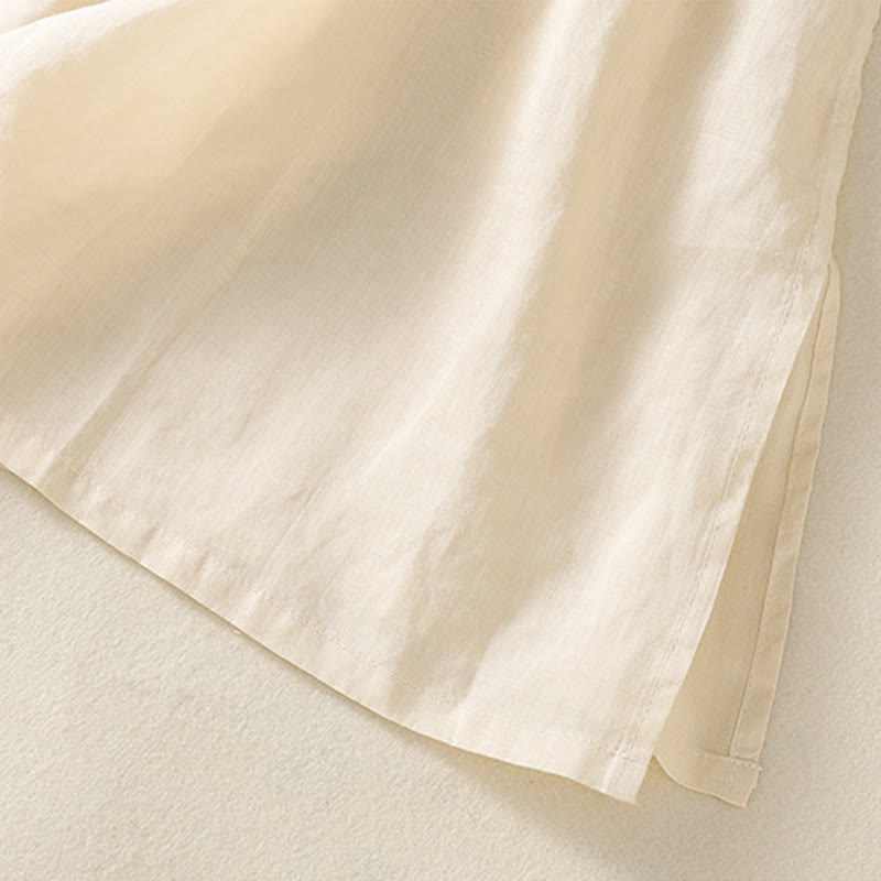 Robe mi-longue zen en coton et lin avec broderies de Buddha Stones et ourlet fleuri fendu à manches mi-longues - image 14