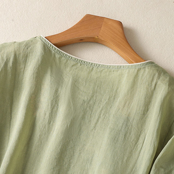 Robe mi-longue zen en coton et lin avec broderies de Buddha Stones et ourlet fleuri fendu à manches mi-longues - image 2