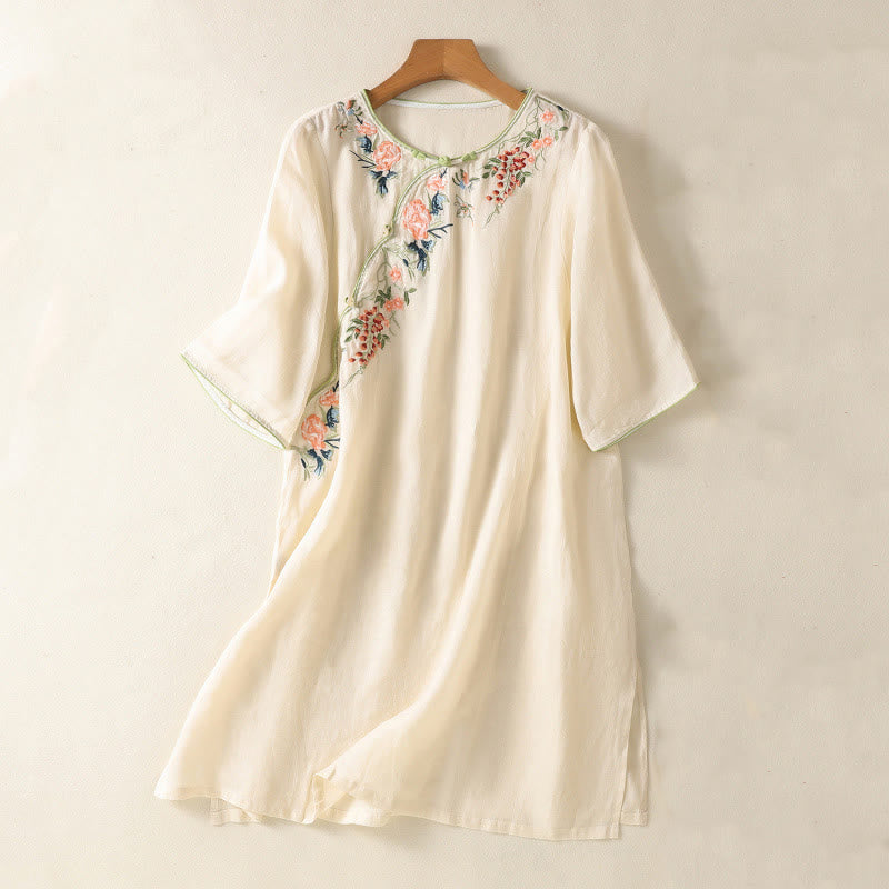 Robe mi-longue zen en coton et lin avec broderies de Buddha Stones et ourlet fleuri fendu à manches mi-longues - Beige - US8-10，UK/AU12-14，EU40-42 (2XL) - image 6