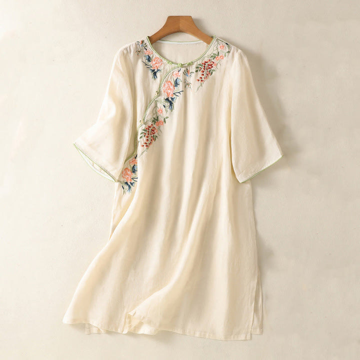 Robe mi-longue zen en coton et lin avec broderies de Buddha Stones et ourlet fleuri fendu à manches mi-longues - Beige - US8-10，UK/AU12-14，EU40-42 (2XL) - image 6