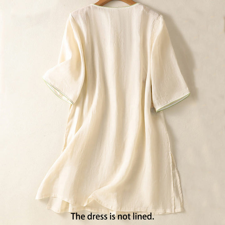 Robe mi-longue zen en coton et lin avec broderies de Buddha Stones et ourlet fleuri fendu à manches mi-longues - image 7