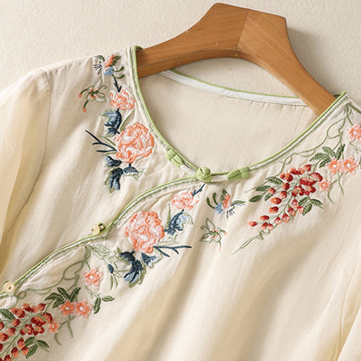 Robe mi-longue zen en coton et lin avec broderies de Buddha Stones et ourlet fleuri fendu à manches mi-longues - image 8