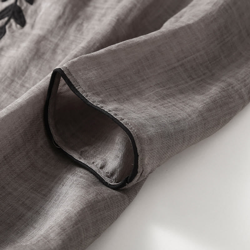 Robe midi décontractée en coton et lin à manches trois-quarts et broderie Buddha Stones - image 14