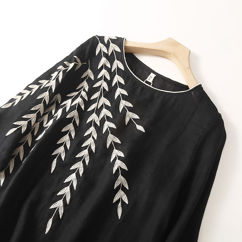 Robe midi décontractée en coton et lin à manches trois-quarts et broderie Buddha Stones - image 2