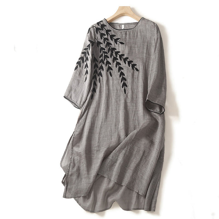 Robe midi décontractée en coton et lin à manches trois-quarts et broderie Buddha Stones - Gris foncé - US8-10，UK/AU12-14，EU40-42 (2XL) - image 12