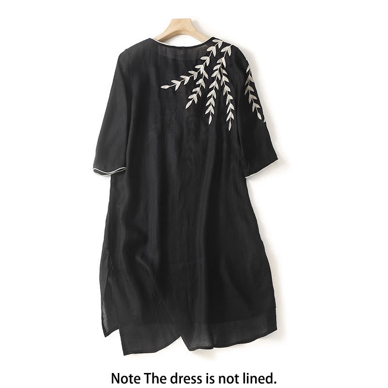 Robe midi décontractée en coton et lin à manches trois-quarts et broderie Buddha Stones - image 2