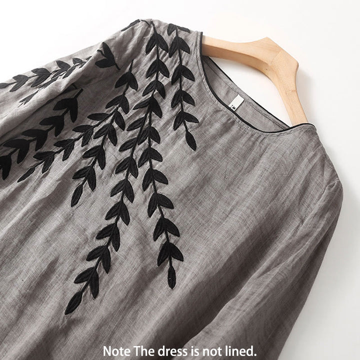 Robe midi décontractée en coton et lin à manches trois-quarts et broderie Buddha Stones - image 12