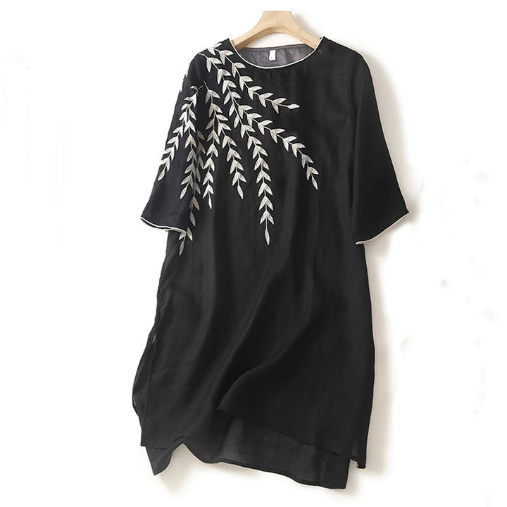 Robe midi décontractée en coton et lin à manches trois-quarts et broderie Buddha Stones - Noir - US8-10，UK/AU12-14，EU40-42 (2XL) - image 1
