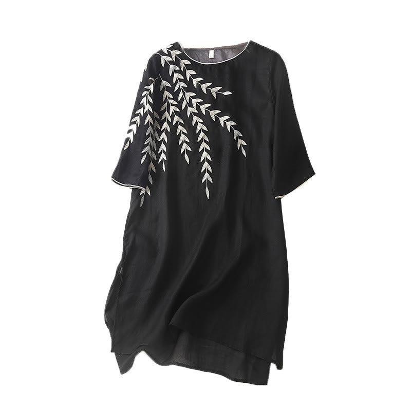 Robe midi décontractée en coton et lin à manches trois-quarts et broderie Buddha Stones - image 10