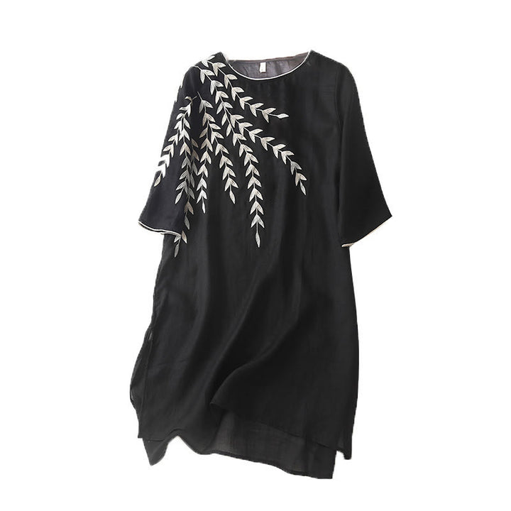 Robe midi décontractée en coton et lin à manches trois-quarts et broderie Buddha Stones - image 10