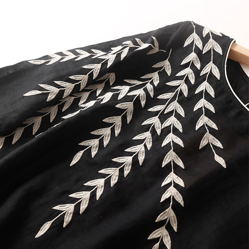 Robe midi décontractée en coton et lin à manches trois-quarts et broderie Buddha Stones - image 3