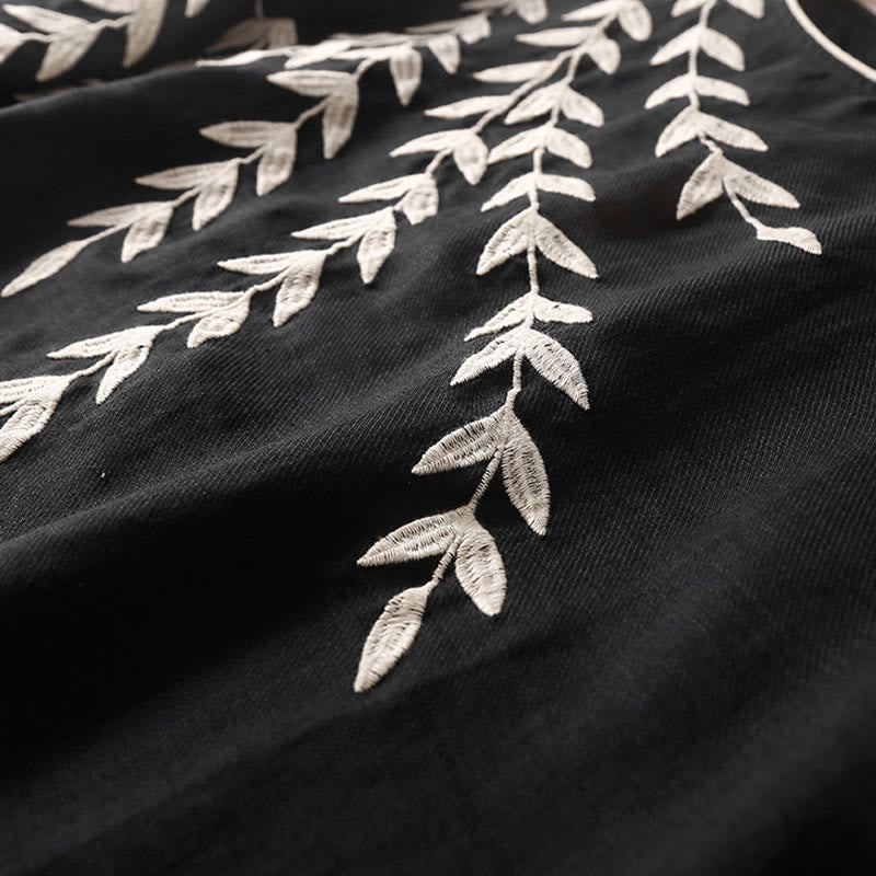 Robe midi décontractée en coton et lin à manches trois-quarts et broderie Buddha Stones - image 4