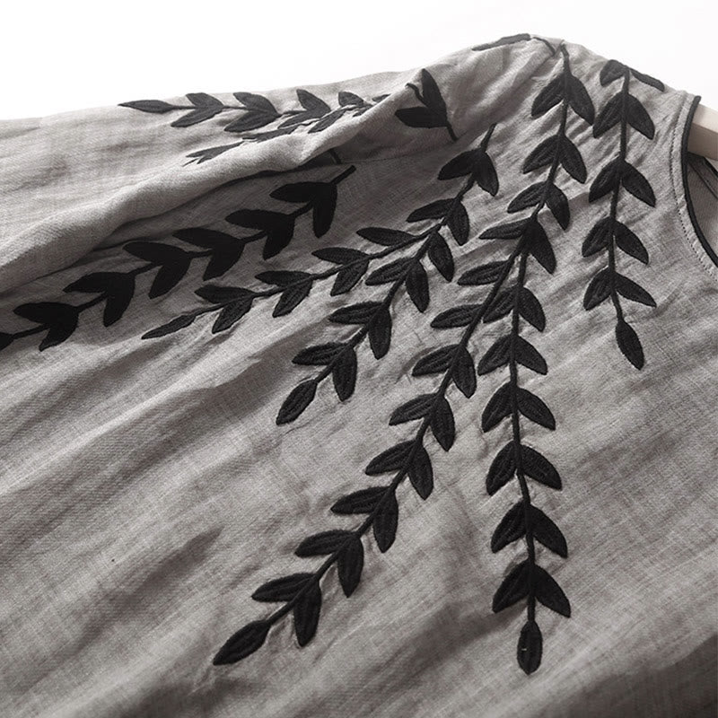 Robe midi décontractée en coton et lin à manches trois-quarts et broderie Buddha Stones - image 14