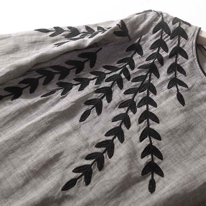 Robe midi décontractée en coton et lin à manches trois-quarts et broderie Buddha Stones - image 14