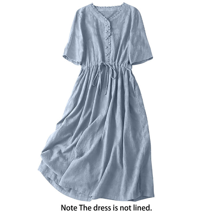 Robe mi-longue d'été en coton et lin à plis et cordon de serrage avec poches Motif Buddha Stones - image 19